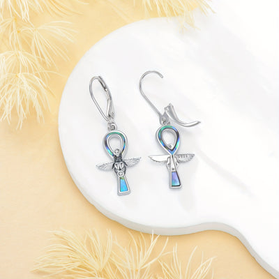 Ankh Earrings 925 Sterling Silver Scarab Beetle Leverback Dangle Drop Earrings Abalone Shell Ankh Cross Earrings Egyptian Jewelry for Women