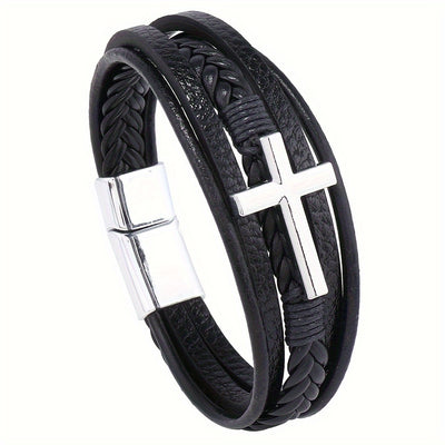 [1pc Magnetic PU Leather Bracelet] 1pc Fashion Magnetic Buckle Woven PU Leather Bracelet, Cross Simple Bracelet Men's Versatile Bracelet, Father's Day Gift
