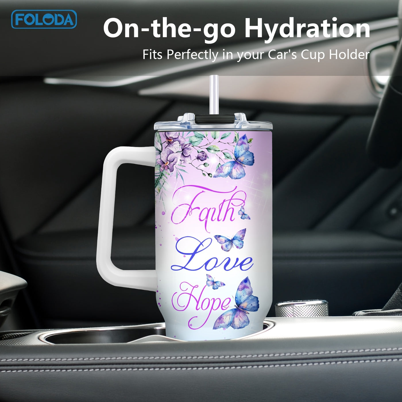 Foloda Butterfly Christian Stainless Steel Insulated Travel Coffee Tumbler for Women - 40oz Oval Mug with Handle, Lid & Straw - Handwash Only, PVC Free - Perfect for Running & Outdoor Activities - Great Christmas, Valentine's