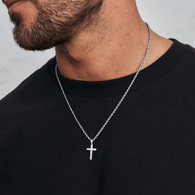 1pc Men's Stainless Steel Golden Plated Cross Pendant, Fashionable Simple Rope Chain Necklace, father's day gift