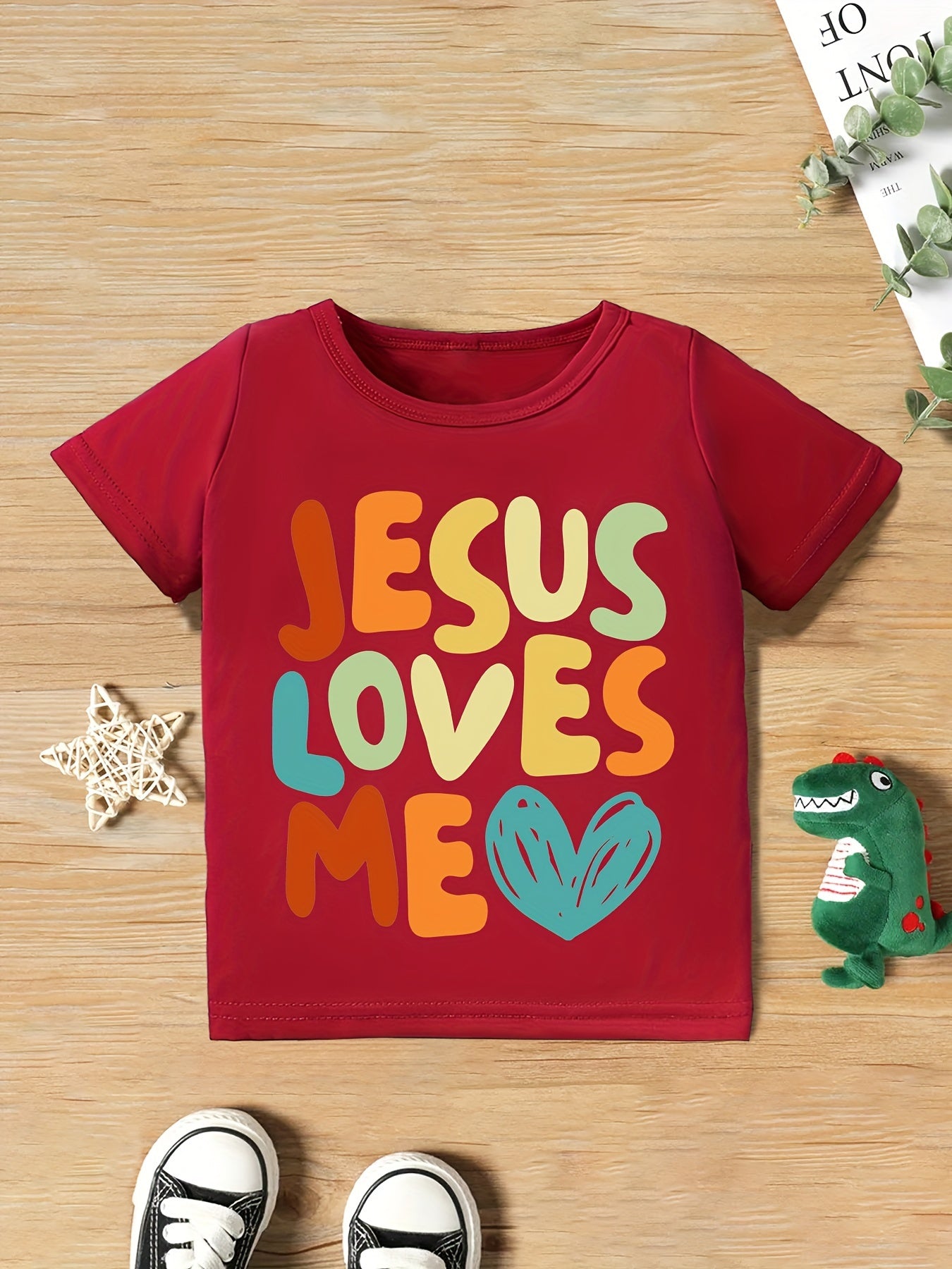 Boys Cartoon T-shirt, JESUS LOVES ME Print Kids Short Sleeve Casual Top Kids Summer Clothes