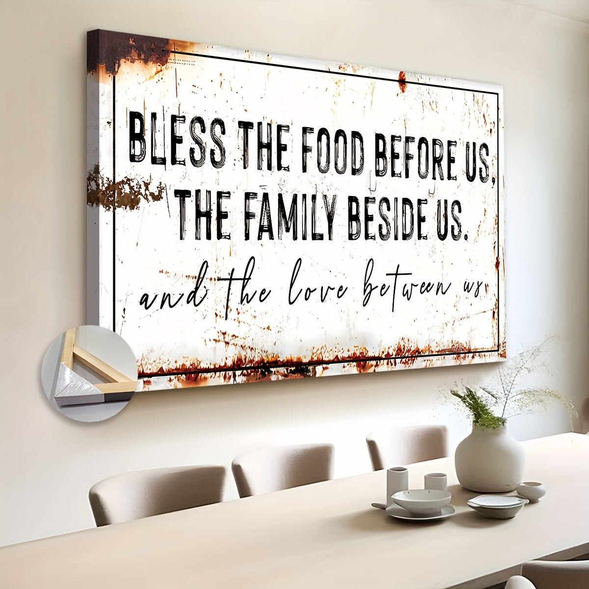 Bless The Food Before Us" Rustic Canvas Wall Art - Extra Large, Wooden Framed, Ready to Hang Decor for Kitchen & Dining Room, Farmhouse Style Christian Gift