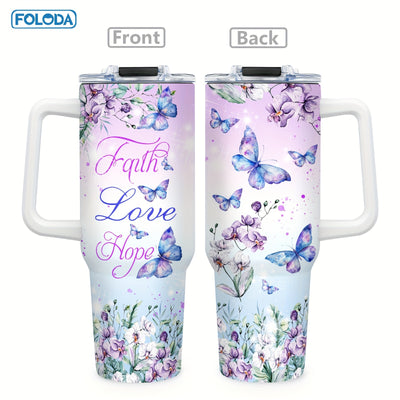 Foloda Butterfly Christian Stainless Steel Insulated Travel Coffee Tumbler for Women - 40oz Oval Mug with Handle, Lid & Straw - Handwash Only, PVC Free - Perfect for Running & Outdoor Activities - Great Christmas, Valentine's