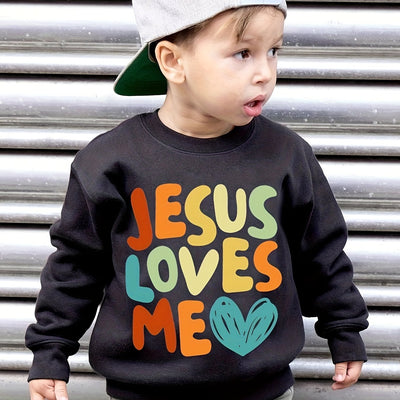 JESUS LOVES ME Print Boys Sweatshirt, Kids Casual Long Sleeve Crew neck Pullover Top For Fall Winter
