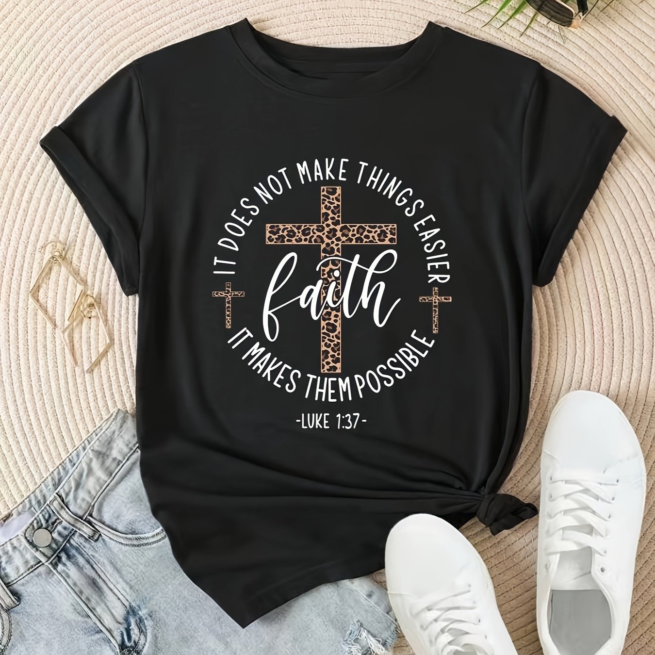 Cross & Faith Letter Print T-shirt, Casual Short Sleeve Top For Spring & Summer, Women's Clothing