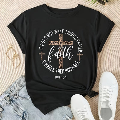 Cross & Faith Letter Print T-shirt, Casual Short Sleeve Top For Spring & Summer, Women's Clothing