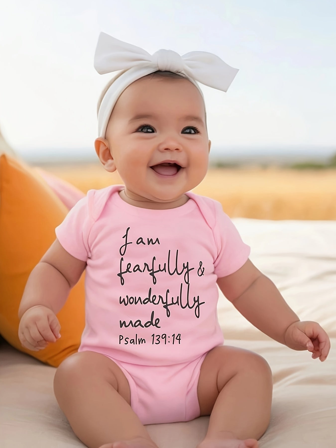 ACTFLASH Baby Girl'S First Birthday Outfit - "I Am Fearfully & Wonderfully Made" Psalm 139:14 Christian Romper, Soft Short Sleeve Onesie for Newborns, Baptism & Christening Ceremony Clothes - Easy Diaper change snaps, Babygir