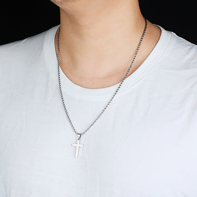 1pc Men's Stainless Steel Golden Plated Cross Pendant, Fashionable Simple Rope Chain Necklace, father's day gift