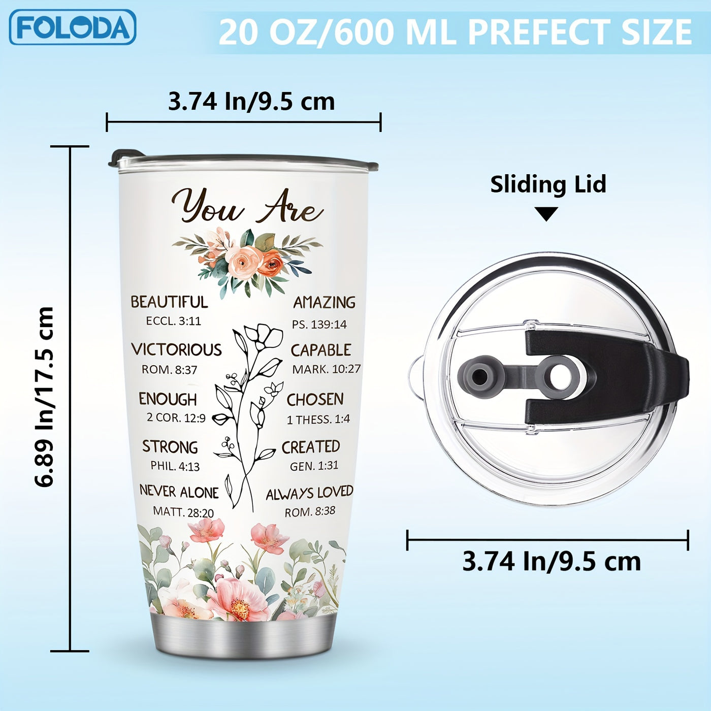 20oz Christian Insulated Travel Coffee Mug - Foloda 1pc Faith Tumbler Cup with Lid - Encouraging Inspiration Gifts for Women Christian Tumblers