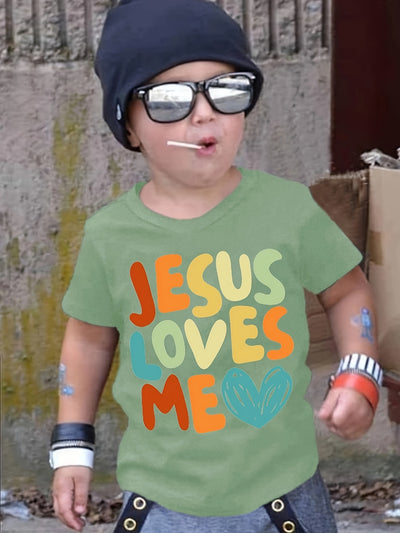 Boys Cartoon T-shirt, JESUS LOVES ME Print Kids Short Sleeve Casual Top Kids Summer Clothes