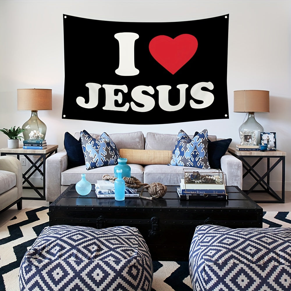 3x5ft 'I Love Jesus' Durable Polyester Flag - Bold Black with Red Heart Design, Brass Grommets for Easy Hanging - Ideal for Man Caves, University Dorms & Home Decor