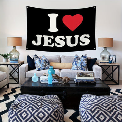 3x5ft 'I Love Jesus' Durable Polyester Flag - Bold Black with Red Heart Design, Brass Grommets for Easy Hanging - Ideal for Man Caves, University Dorms & Home Decor