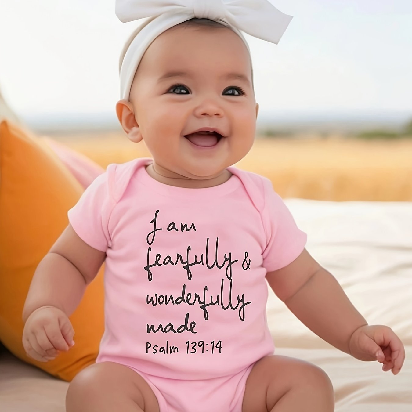 ACTFLASH Baby Girl'S First Birthday Outfit - "I Am Fearfully & Wonderfully Made" Psalm 139:14 Christian Romper, Soft Short Sleeve Onesie for Newborns, Baptism & Christening Ceremony Clothes - Easy Diaper change snaps, Babygir