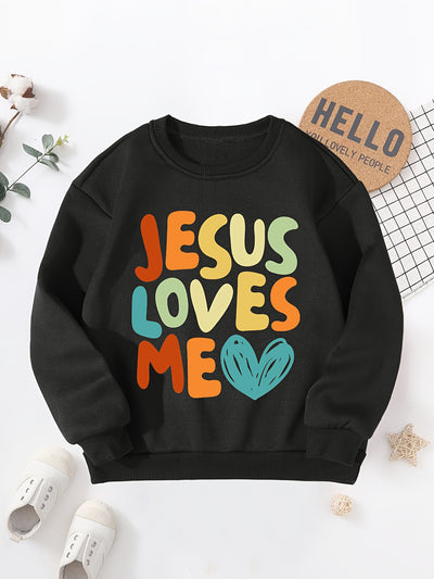 JESUS LOVES ME Print Boys Sweatshirt, Kids Casual Long Sleeve Crew neck Pullover Top For Fall Winter