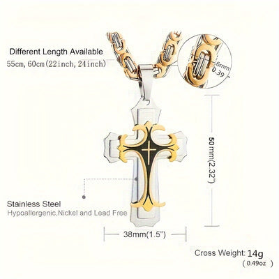 Men's Vintage Flat Handmade Necklace With Multilayer Golden Black Stainless Steel Cross Pendant Necklace Jewelry