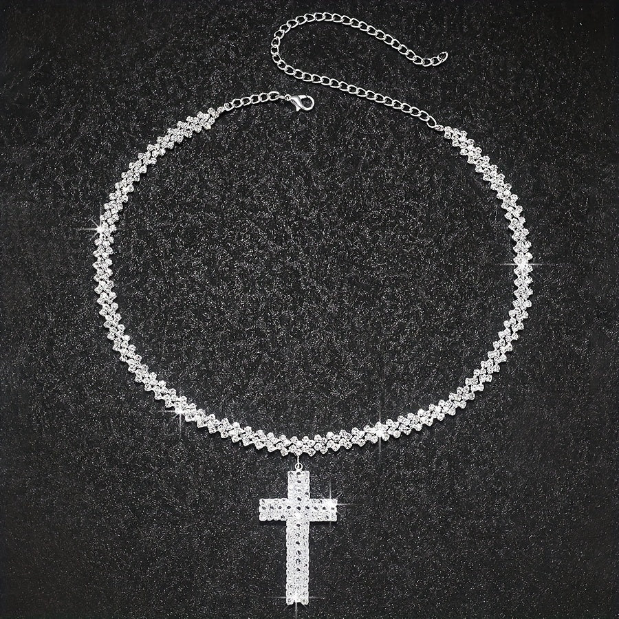 Luxury Multilayer Rhinestone Cross Pendant Necklace Silver Color Neck Jewelry Gift