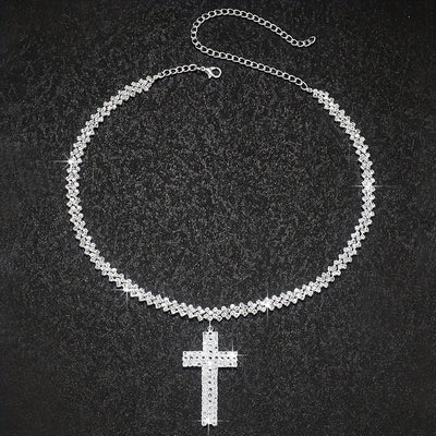 Luxury Multilayer Rhinestone Cross Pendant Necklace Silver Color Neck Jewelry Gift