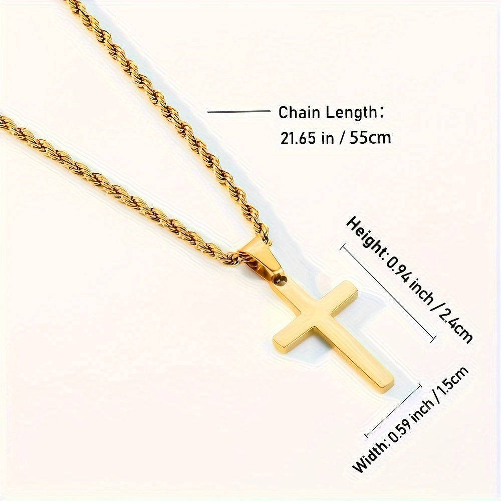 1pc Men's Stainless Steel Golden Plated Cross Pendant, Fashionable Simple Rope Chain Necklace, father's day gift