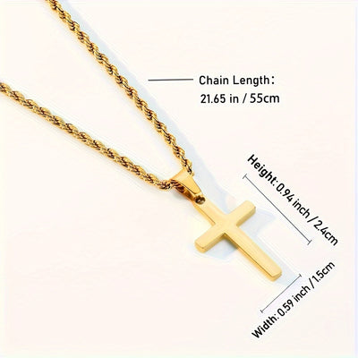 1pc Men's Stainless Steel Golden Plated Cross Pendant, Fashionable Simple Rope Chain Necklace, father's day gift