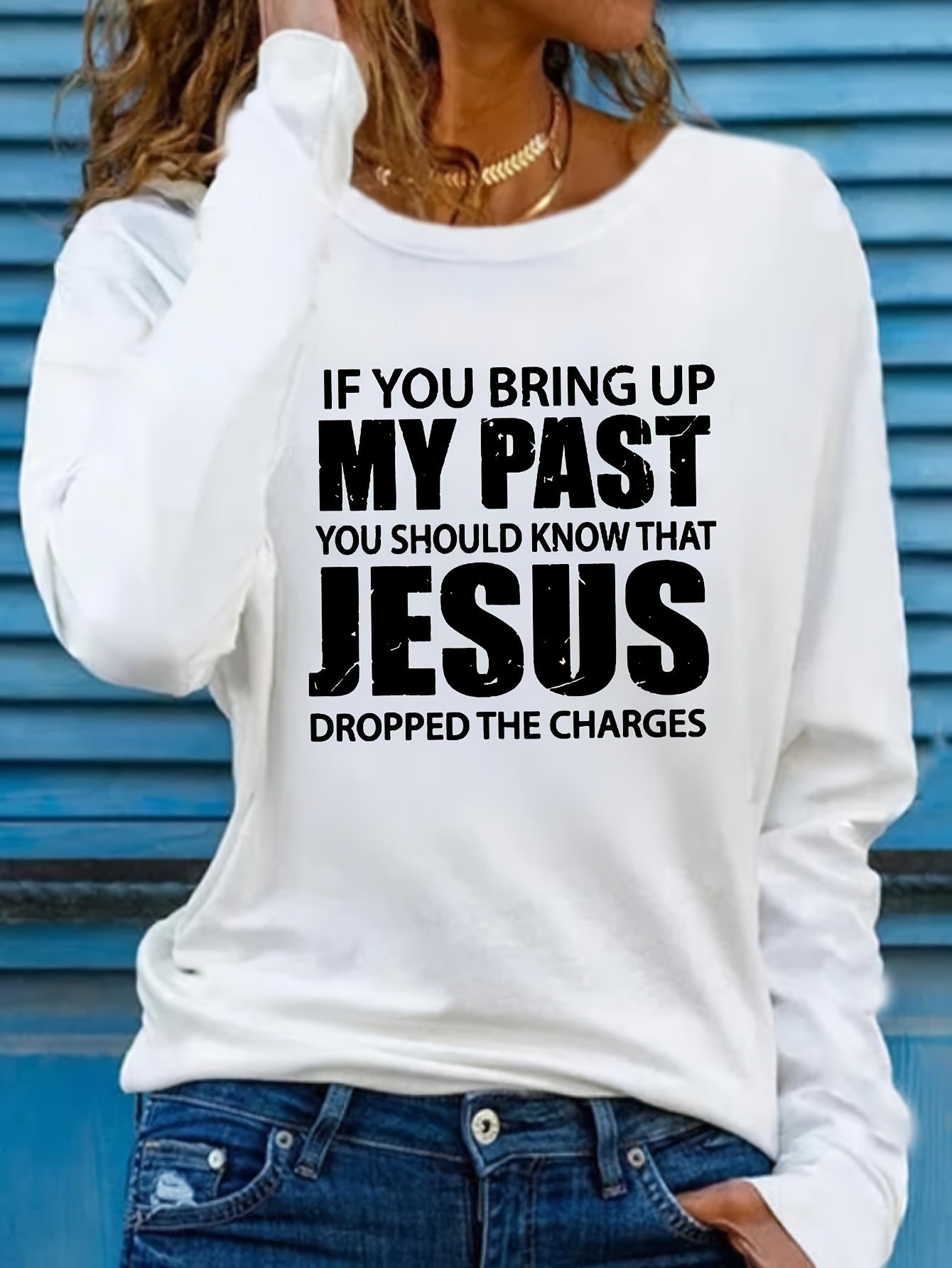 Vibrant Jesus Letter Print Long Sleeve Crew Neck T-Shirt - Soft, Breathable, Casual Top for Spring and Fall - Women's Relaxed Fit Clothing for Everyday Wear