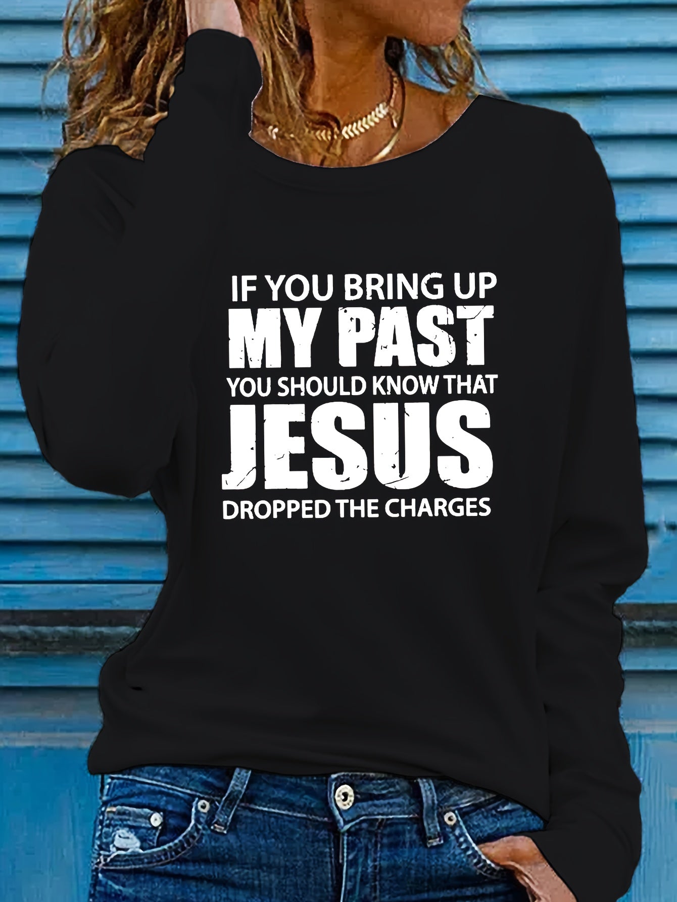Vibrant Jesus Letter Print Long Sleeve Crew Neck T-Shirt - Soft, Breathable, Casual Top for Spring and Fall - Women's Relaxed Fit Clothing for Everyday Wear