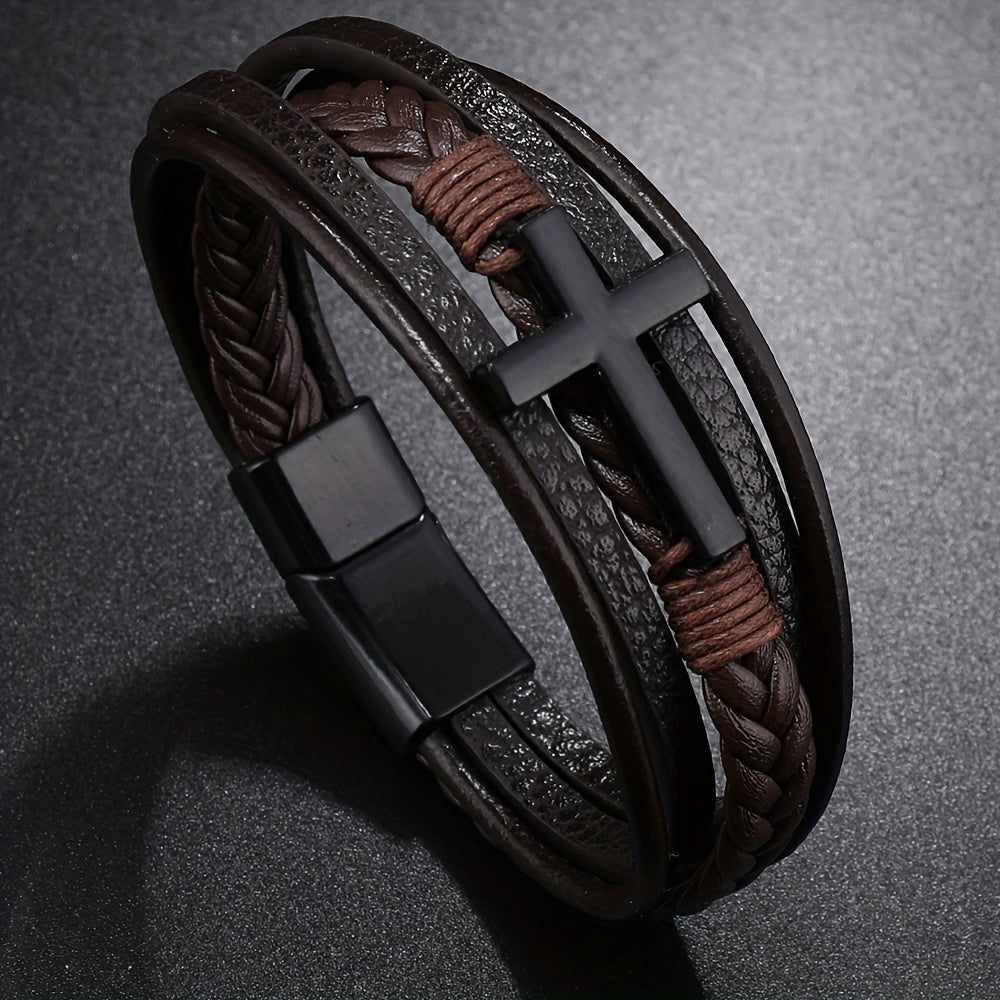 [1pc Magnetic PU Leather Bracelet] 1pc Fashion Magnetic Buckle Woven PU Leather Bracelet, Cross Simple Bracelet Men's Versatile Bracelet, Father's Day Gift
