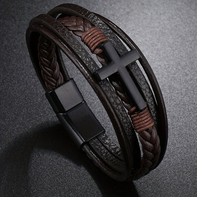 [1pc Magnetic PU Leather Bracelet] 1pc Fashion Magnetic Buckle Woven PU Leather Bracelet, Cross Simple Bracelet Men's Versatile Bracelet, Father's Day Gift