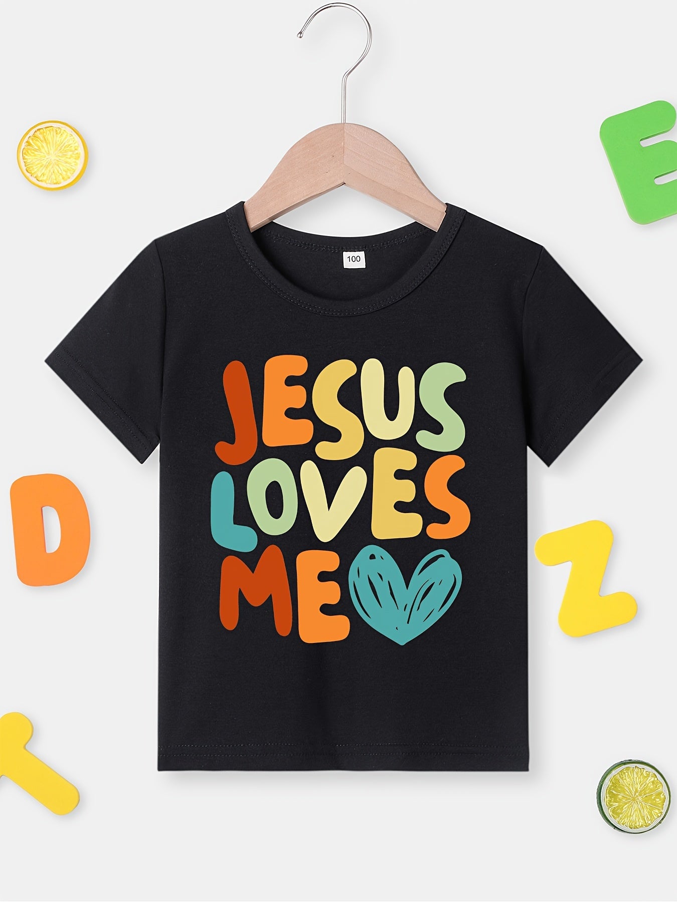 Boys Cartoon T-shirt, JESUS LOVES ME Print Kids Short Sleeve Casual Top Kids Summer Clothes