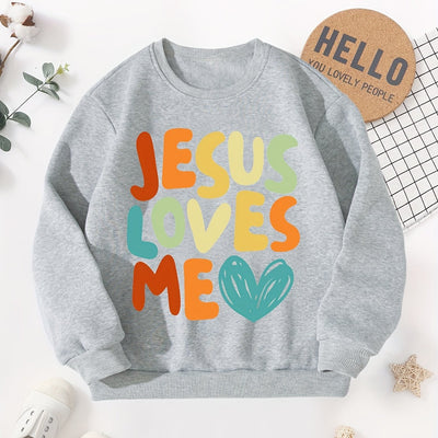 JESUS LOVES ME Print Boys Sweatshirt, Kids Casual Long Sleeve Crew neck Pullover Top For Fall Winter