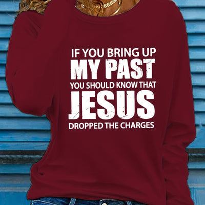 Vibrant Jesus Letter Print Long Sleeve Crew Neck T-Shirt - Soft, Breathable, Casual Top for Spring and Fall - Women's Relaxed Fit Clothing for Everyday Wear