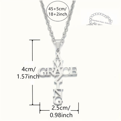 [Christian Stainless Steel Cross] Amazing Grace Cross Bracelet, Earrings, Necklace - Stainless Steel - Christian Gifts For Women & Men Faith - Religious Jewelry Gift For Christmas, Wedding, Anniversary