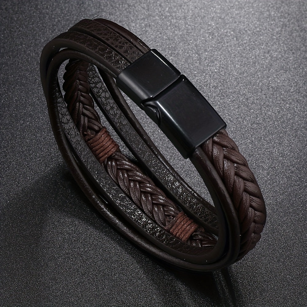 [1pc Magnetic PU Leather Bracelet] 1pc Fashion Magnetic Buckle Woven PU Leather Bracelet, Cross Simple Bracelet Men's Versatile Bracelet, Father's Day Gift