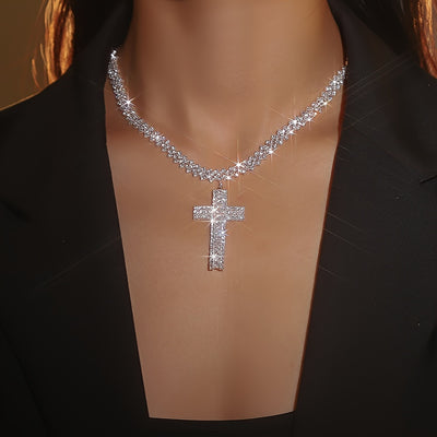 Luxury Multilayer Rhinestone Cross Pendant Necklace Silver Color Neck Jewelry Gift