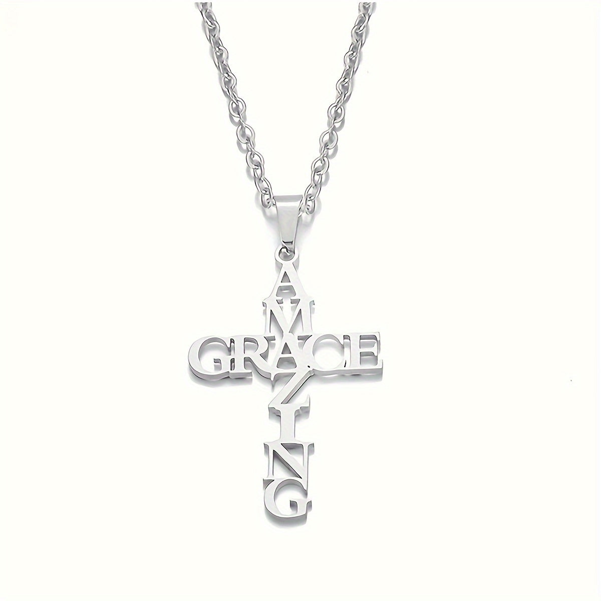 [Christian Stainless Steel Cross] Amazing Grace Cross Bracelet, Earrings, Necklace - Stainless Steel - Christian Gifts For Women & Men Faith - Religious Jewelry Gift For Christmas, Wedding, Anniversary