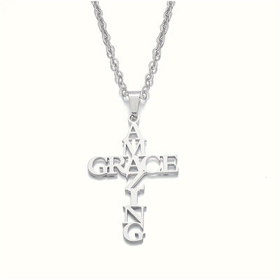[Christian Stainless Steel Cross] Amazing Grace Cross Bracelet, Earrings, Necklace - Stainless Steel - Christian Gifts For Women & Men Faith - Religious Jewelry Gift For Christmas, Wedding, Anniversary