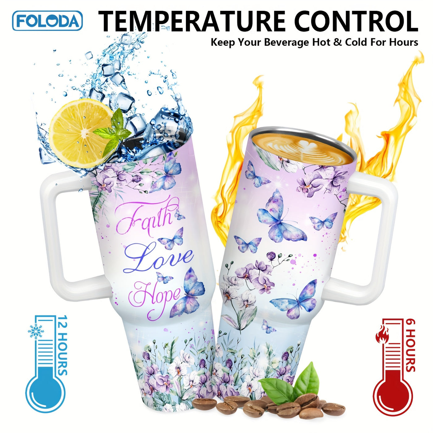 Foloda Butterfly Christian Stainless Steel Insulated Travel Coffee Tumbler for Women - 40oz Oval Mug with Handle, Lid & Straw - Handwash Only, PVC Free - Perfect for Running & Outdoor Activities - Great Christmas, Valentine's