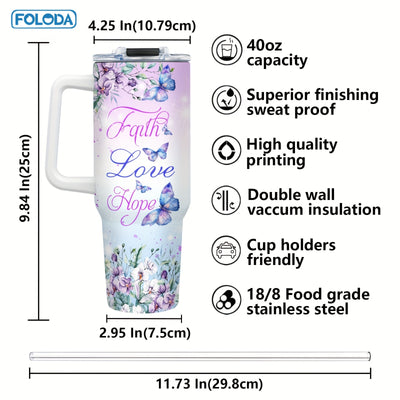 Foloda Butterfly Christian Stainless Steel Insulated Travel Coffee Tumbler for Women - 40oz Oval Mug with Handle, Lid & Straw - Handwash Only, PVC Free - Perfect for Running & Outdoor Activities - Great Christmas, Valentine's