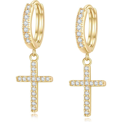 Golden Drop Dangle Cross Hoop Earrings Trendy Golden Cross Earrings for Women Small CZ Huggie Hoops Dangling Cross Earrings for Men Hypoallergenic Lightweight