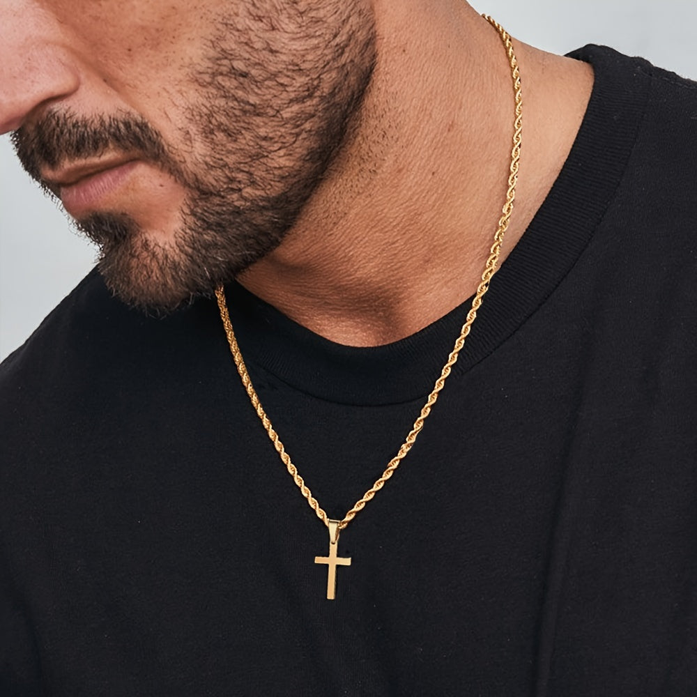 1pc Men's Stainless Steel Golden Plated Cross Pendant, Fashionable Simple Rope Chain Necklace, father's day gift
