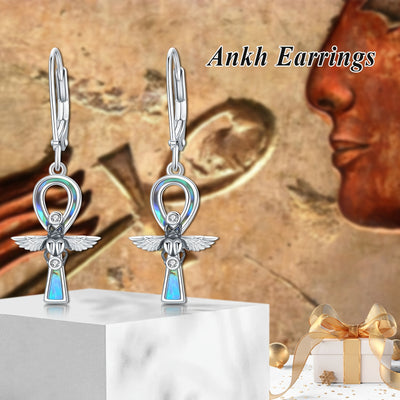 Ankh Earrings 925 Sterling Silver Scarab Beetle Leverback Dangle Drop Earrings Abalone Shell Ankh Cross Earrings Egyptian Jewelry for Women