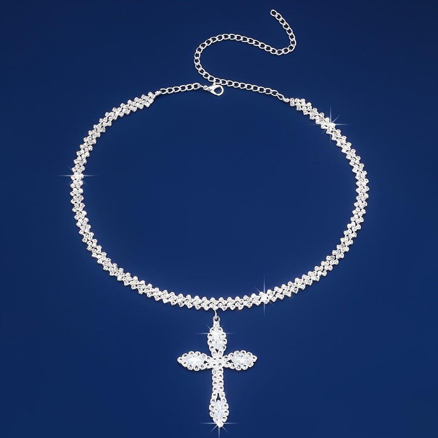 Luxury Sparkle Full Of Rhinestones Cross Pendant Necklace Silver Color Religious Neck Jewelry Gift