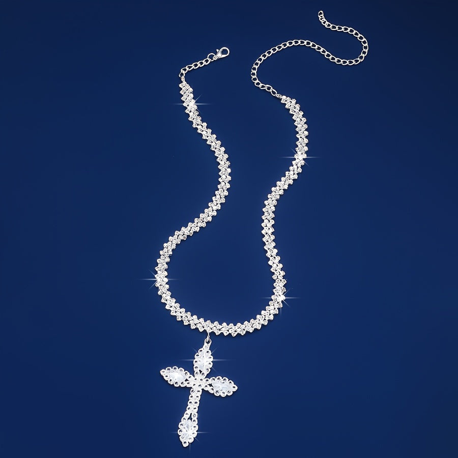 Luxury Sparkle Full Of Rhinestones Cross Pendant Necklace Silver Color Religious Neck Jewelry Gift