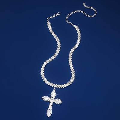 Luxury Sparkle Full Of Rhinestones Cross Pendant Necklace Silver Color Religious Neck Jewelry Gift