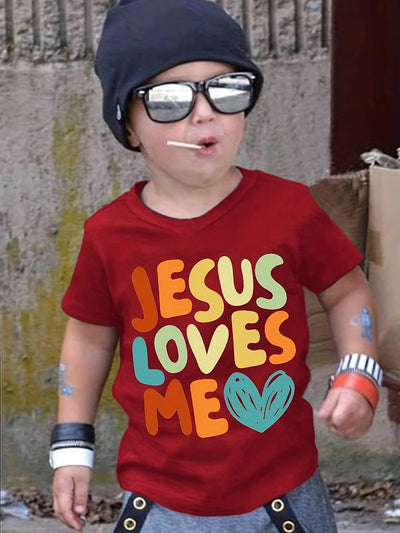 Boys Cartoon T-shirt, JESUS LOVES ME Print Kids Short Sleeve Casual Top Kids Summer Clothes
