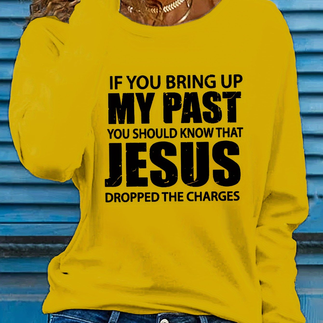 Vibrant Jesus Letter Print Long Sleeve Crew Neck T-Shirt - Soft, Breathable, Casual Top for Spring and Fall - Women's Relaxed Fit Clothing for Everyday Wear