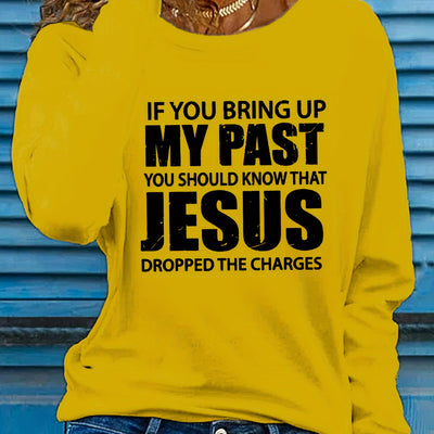 Vibrant Jesus Letter Print Long Sleeve Crew Neck T-Shirt - Soft, Breathable, Casual Top for Spring and Fall - Women's Relaxed Fit Clothing for Everyday Wear