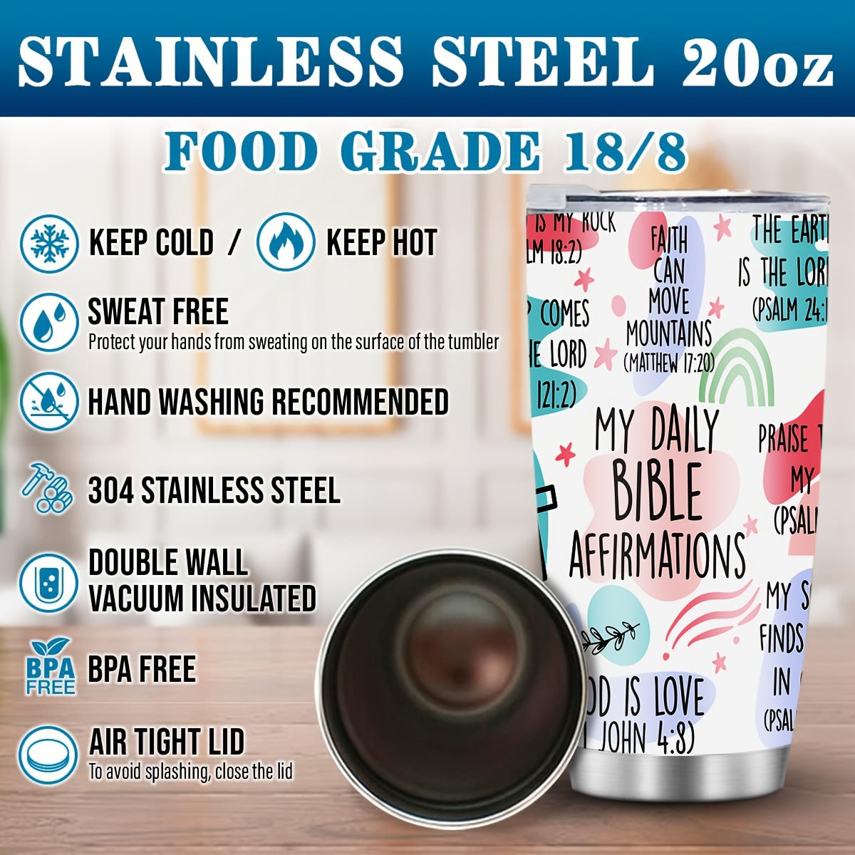 1pc, Christian Gifts For Women, Stainless Steel Tumbler Cup 20oz, Christian Faith Bible Verse Religious Gifts, Holiday Present, Party Present, Birthday Present