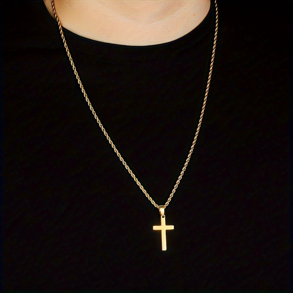 1pc Men's Stainless Steel Golden Plated Cross Pendant, Fashionable Simple Rope Chain Necklace, father's day gift