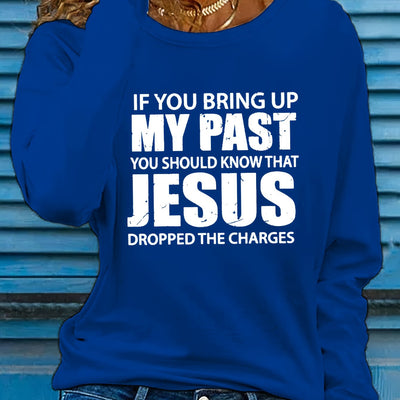 Vibrant Jesus Letter Print Long Sleeve Crew Neck T-Shirt - Soft, Breathable, Casual Top for Spring and Fall - Women's Relaxed Fit Clothing for Everyday Wear