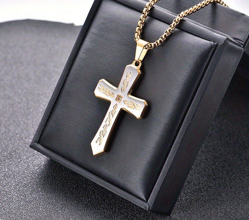 New Boho Style Stainless Steel Cross Pendant Necklace with Corroded Flame Design - Alpaca Brand